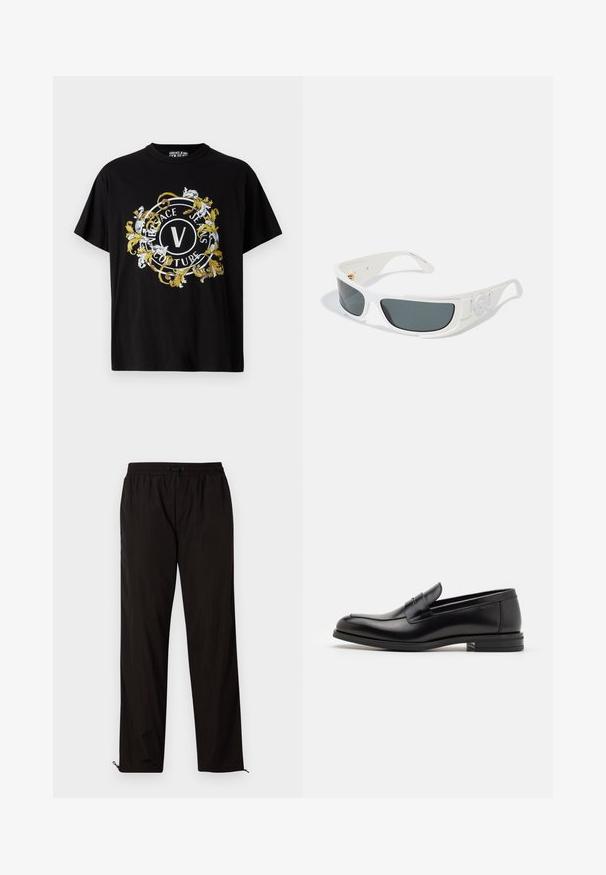 Tricou scurt din bumbac de culoare neagră, cu mâneci scurte, având un grafic circular cu accente florale în alb și aur, afișând numele brandului într-o manieră proeminentă.; Pantaloni ușori negri, cu talie elastică, închidere cu șnur și tiv zipurat pentru o ajustare ușoară. Textură netedă și elegantă.; Mocasini din piele neagră cu o textură netedă, vârf rotund și o curea decorativă peste partea superioară. Toc mic, design minimalist.; Ochelari de soare albi cu lentile gri, de formă rectangulară, cu accente texturate pe laturi. Prezintă detalii din metal auriu.