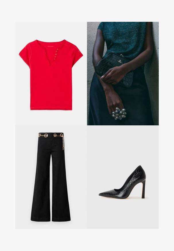 Czerwony krótki top z rękawami wykonany z miękkiej bawełny, z dekoltem w kształcie litery V i akcentami guzikowymi oraz luźnym krojem. Gładka faktura, minimalna ilość szwów.; Czarne spodnie szerokie w nogawkach wykonane z bawełny, z pozłacanym okrągłym elementem dekoracyjnym i detalem w postaci łańcuszka na pasku. Gładka faktura, czysty krój.; Czarne szpilki z ostrym noskiem, pokryte teksturą skóry krokodyla, charakteryzujące się eleganckim wzornictwem, wysokim obcasem w stylu stiletto oraz gładkim czarnym wnętrzem.; Czarna kopertówka w wzór krokodyla z srebrnymi akcentami, trzymana na szarym, teksturowanym tle. Posiada błyszczącą powierzchnię.