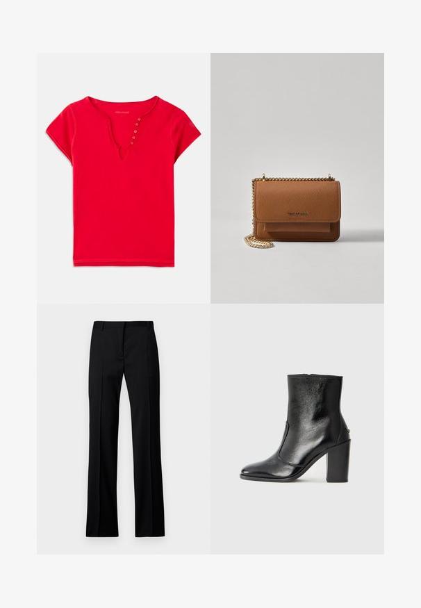 Top vermelho de mangas curtas feito de algodão macio, com decote em V e detalhes com botões, apresentando um ajuste descontraído. Textura suave, costuras mínimas.; Calças pretas de perna reta em tecido suave, com frente lisa, passantes para cinto e sem bolsos ou adornos visíveis.; Bota ankle preta em pele com uma textura suave, bico fino e um salto alto robusto. Apresenta uma abertura lateral e um design minimalista.; Bolsa crossbody de couro texturizado castanho com alça de corrente dourada e fecho com aba. A parte da frente apresenta detalhe do logótipo e um bolso sob a aba.