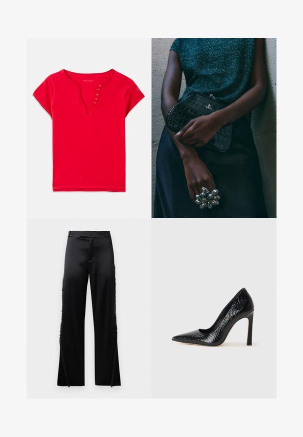 Červený krátký rukáv top vyrobený z měkké bavlny, s V-výstřihem a knoflíkovými akcenty a volným střihem. Hladký materiál, minimální švy.; Černé saténové kalhoty s širokými nohavicemi, s třásněmi podél bočních švů a plochým pasem. Hladký zadní díl bez kapes.; Černý lodičkový bot s špičatou špičkou, pokrytý texturou krokodýlí kůže, s elegantním designem, vysokým stiletto podpatkem a hladkým černým interiérem.; Černá kabelka ve tvaru psaníčka s krokodýlím vzorem a stříbrným kováním, držena proti texturovanému šedému pozadí. Vyznačuje se lesklým povrchem.