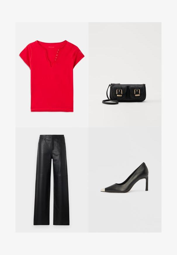 Top corto rojo de manga corta hecho de algodón suave, con escote en V y detalles de botones, y un corte relajado. Textura lisa, costuras mínimas.; Pantalones de cuero negro de pierna ancha con una textura suave, que cuentan con bolsillos frontales, cierre de botón y sutiles detalles de costura.; Zapato de tacón alto de cuero negro con punta en forma de pico y una tapa metálica plateada. Presenta un acabado suave y un tacón delgado de 10 cm.; Bolso cruzado de cuero negro con dos bolsillos frontales, hebillas doradas, cierre de cremallera y una correa delgada. Superficie texturizada y forma rectangular compacta.