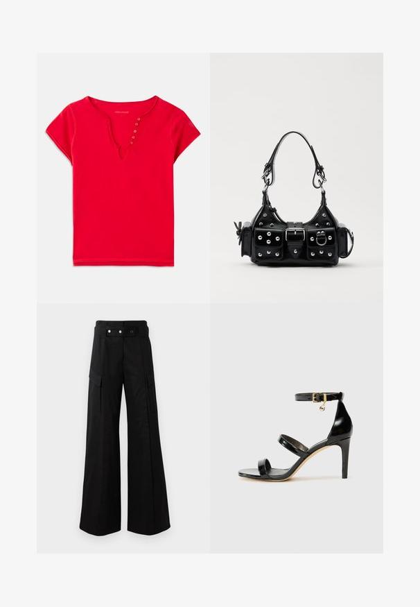 Červený krátky rukáv top vyrobený z mäkkého bavlny, s výstrihom do V a akcentami gombíkov, s voľným strihom. Hladká textúra, minimálne švy.; Čierne široké nohavice s vysokým pásom, ktoré majú veľké bočné vrecká, dva predné gombíky a detaily v podobe slučiek. Vyrobené z pevnej tkaniny.; Čierne lakované sandále s tromi pásikmi, spona na členku a 10 cm ihlovým podpätkom. Obsahujú zlaté detaily s hardwarem a logo prívesok.; Čierna kožená kabelka s zakriveným dizajnom, doplnená striebornými cvočkami, prackou a dvoma bočnými vreckami. Nastaviteľný popruh poskytuje rôzne možnosti nosenia.