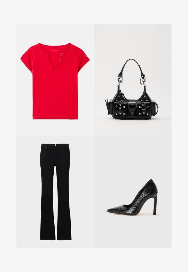 Top corto rojo de manga corta hecho de algodón suave, con escote en V y detalles de botones, y un corte relajado. Textura lisa, costuras mínimas.; Pantalones vaqueros de talle ancho en negro, confeccionados en denim, con dos bolsillos frontales, cierre de botón y una textura suave. Costuras distintivas visibles en las costuras.; Zapato de tacón alto negro con punta afilada y textura de piel de cocodrilo, que presenta un diseño elegante, un alto tacón de aguja y un interior negro suave.; Bolso de mano de cuero negro con un diseño curvado, que cuenta con tachuelas plateadas, una hebilla y dos bolsillos laterales. Correa ajustable para opciones de transporte.