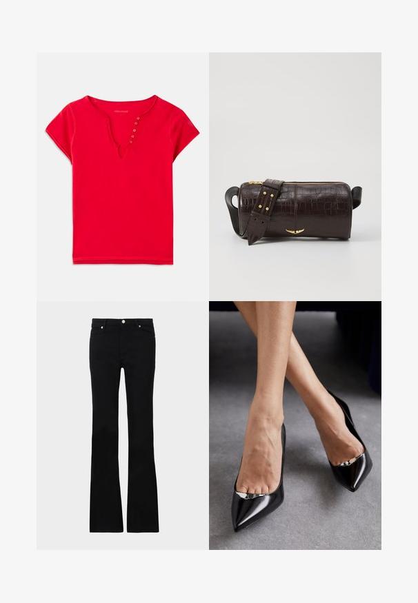 Sarkanais īsās piedurknes tops izgatavots no mīkstas kokvilnas, ar V-veida kakla izgriezumu un pogu akcentiem, kā arī brīvu piegriezumu. Gluda tekstūra, minimāls šuvju skaits.; Melni flared džinsi, izgatavoti no džinsa auduma, ar divām priekšējām kabatām, pogu aizdari un gludu tekstūru. Redzamā veikala šuvju rakstība.; Melnas ādas augstpapēžu kurpes ar izteiktu purngalu un atveramu dizainu, kas papildināts ar dekoratīvu sudraba akcentu. Gluda tekstūra ar pulētu apdari.; Brūna krokodila ādas soma ar cilindrisku formu, zelta toni aparatūru un noņemamu siksnu ar studiem.