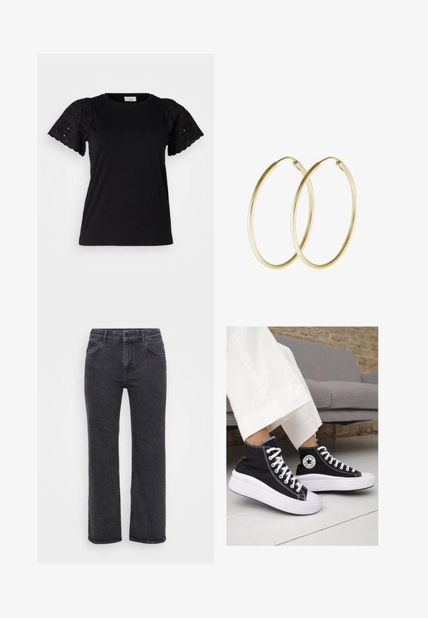 Melnā T-kreklā ar īsām puffed piedurknēm, kas rotāts ar izšūtiem izgriezumiem un ziedu rakstiem. Gluda tekstūra, apaļa apkakle un pieguļošs dizains.; Melnas denim bikses ar taisno kāju dizainu, piecu kabatu un pogas aizdari. Audumam ir nedaudz izbalēta tekstūra un izturīga šuvuma.; Melni kanvas augstpapēžu apavi ar baltām gumijas zolēm un auklām. Ievērojams aplis logotips sānos un kontrastējoša balta šuvums.; Zelta auskari ar gludu, noapaļu dizainu un spīdīgu apdari. Viegls izpildījums ar drošu aizdari.