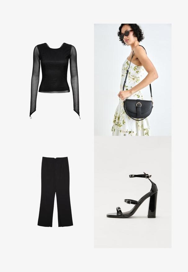 Czarny top z długim rękawem, wykonany z przezroczystego materiału, o dopasowanym kroju i fakturowanym wzorze w kropki na całej powierzchni. Okrągły dekolt, smukły fason.; Czarne spodnie o prostym kroju, z przednimi kieszeniami i bocznymi rozcięciami na dole. Wykonane z miękkiego, gładkiego materiału. Odpowiednie na różne okazje.; Czarne lakierowane sandały na obcasie z kwadratowym noskiem, z paskami wokół kostki i srebrnymi klamrami. Posiadają masywny słupek dla stabilności.; Czarna skórzana torebka o zakrzywionym kształcie, z odpinanym paskiem i złotymi akcentami. Torebka posiada klapę z zapięciem w kształcie klamry.