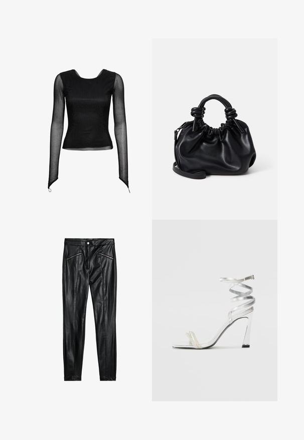 Zwarte langemouwen top van doorschijnend materiaal, met een getailleerd ontwerp en een gestructureerd stippenpatroon. Ronde halslijn, slanke pasvorm.; Zwarte leren broeken met een getailleerd ontwerp, twee ritszakken aan de voorkant en een gladde textuur met een glanzende afwerking.; Zilveren sandaal met hoge hakken en een glanzend bandontwerp, met een parelachtige accent en een gewikkelde enkelband voor een veilige pasvorm.; Zwarte leren handtas met een geplooid ontwerp, korte ronde handvatten en een afneembare schouderriem. Glad oppervlak met een zachte silhouet.