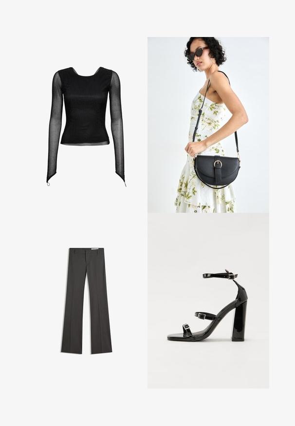 Haut noir à manches longues en matière transparente, avec un design ajusté et un motif texturé à pois sur l'ensemble. Encolure arrondie, coupe slim.; Pantalons évasés gris en tissu lisse, dotés d'un devant plat, de passants de ceinture et d'un design ajusté avec des lignes épurées.; Sandales à talons hauts en cuir verni noir avec deux brides à boucles, bout carré et talon bloc épais, présentant une texture lisse et brillante.; Sac à main en cuir noir avec une forme courbée, bandoulière amovible et des accessoires en or. Le sac est doté d'un rabat avec un détail de boucle.