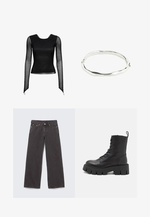 Haut noir à manches longues en matière transparente, avec un design ajusté et un motif texturé à pois sur l'ensemble. Encolure arrondie, coupe slim.; Jean en denim noir à jambes larges avec rivets en cuivre, cinq poches et fermeture par boutons. Texture douce et robuste, coupe droite de la taille à l'ourlet.; Bottine noire en cuir avec un devant à lacets, semelle épaisse et tirette en boucle ; texture lisse et branding subtil sur le talon.; Bracelet en métal argenté avec un design ondulé et irrégulier. Surface lisse avec une finition polie, reflétant la lumière. Forme circulaire sans accents visibles.
