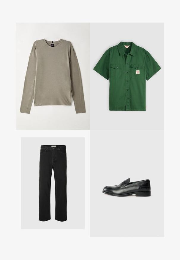 Pikad varrukad, ümar kaelus helesinises kangas. Omab lamedaid õmblusi ja külgsuundi liikumise mugavuse tagamiseks, pehme ja siledat tekstuuri.; Lühikeste varrukatega roheline puuvillane särk nupuga ees, kahe rinnataskuga ja väike silt vasakus taskus. Üksildane, ilma mustriteta.; Mustad denim sirged püksid on varustatud klassikalise viie taskuga, nupuga kinnitamisega, minimaalse õmblusega ja pehme tekstuuriga.; Mustad mustad nahast loafers, mis on kaunistatud sileda viimistluse, õmblusdetailide ja veidi kõrgendatud kannaga.