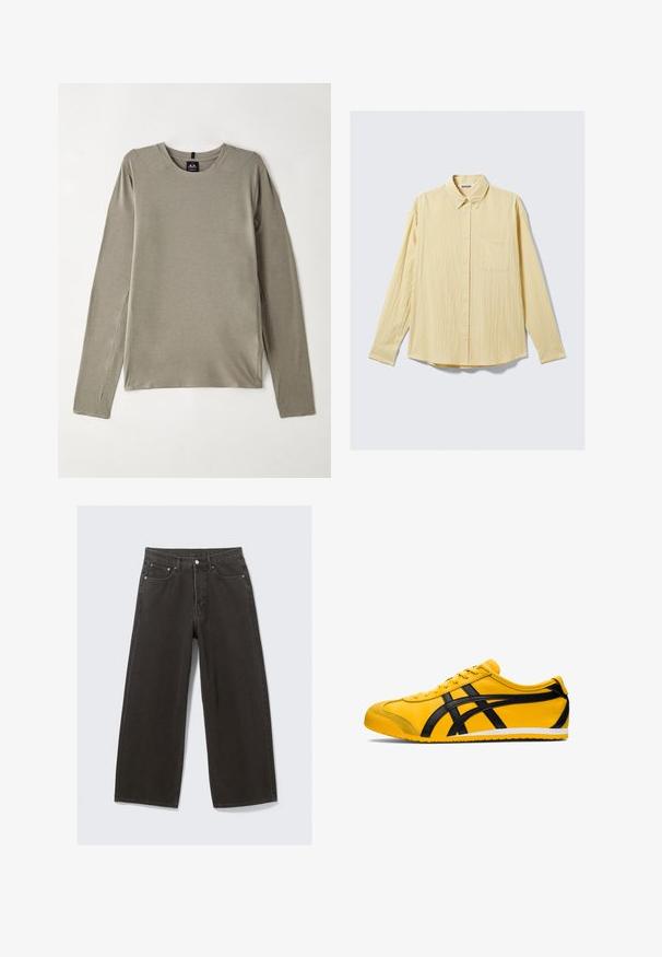 Langarm T-shirt met ronde hals in lichtgrijze stof. Kenmerken zijn platte naden en zijsplitten voor gemakkelijk bewegen, met een gladde, zachte textuur.; Langarm overhemd in een zachte gele stof, met een textuurfinish, kraag en een enkele borstzak aan de linkerkant.; Wijdbenige zwarte denim jeans hebben een hoge taille, vijf zakken en een knoopsluiting. De stof heeft een zachte, gestructureerde afwerking.; Gele sportieve schoen met zwarte accenten, gladde leren textuur, gebogen ontwerp, ronde teen, platte witte zool en opvallende branding aan de zijkant.