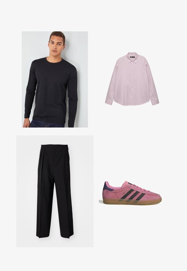 Crna majica dugih rukava od pamuka s okruglim izrezom, prilagođenim rukavima i glatkom teksturom, nosi se s plavim trapericama.; Svijetlopinkena košulja na dugih rukava s okovratnikom, s vertikalnim plavim prugama i lepršavim krojem. Izrađena od glatkog materijala s blagim sjajem.; Crne plisirane hlače s ravnim širokim nogavicama. Izrađene od glatkog materijala, s dugmadi za zatvaranje i petljama za remen.; Roze nubuk tenisice s crnim prugama, gumeni potplat i teksturirani ljubičasti petni dio. Imaju vezivanje i utisnuti brend na strani.
