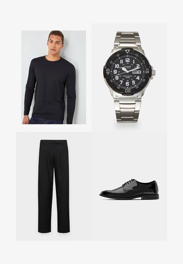 Juodas ilgomis rankovėmis iš medvilnės pagamintas marškinėlis su apvalia kaklo iškirpte, prigludusiomis rankovėmis ir lygia tekstūra, dėvimas su mėlynomis džinsinėmis kelnėmis.; Juodi kelnių modeliai, pagaminti iš lygios medžiagos, turi tiesią kojas, du priekiniai klostės ir standartinę juosmenį su diržo kilpomis.; Juodas lakinės odos suknelės bateliai su apvaliu priekiu, su raišteliais ir lygiu, blizgiu paviršiumi. Turi žemą guminį padas.; Metalinis kvarcinis laikrodis su juodu ciferblatu, baltais skaičiais ir datos rodmeniu. Turi nerūdijančio plieno juostą ir atsparumą vandeniui iki 100 m.