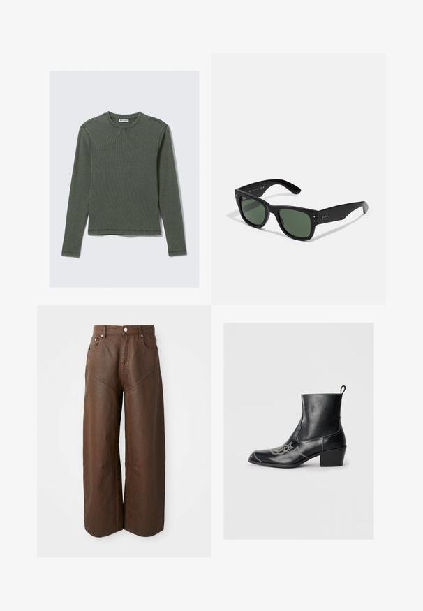 Langermet ribbestrikket topp i mørkegrønn, med rund halslinning og rett nederkant. Laget av mykt stoff, med minimale sømmer og ingen synlige mønstre.; Brede brune læderbukser med brede ben, fem lommer og knaplukning, præsenteret på en neutral hvid baggrund.; Svarte skinn ankelstøvler med firkantet tå, dekorativ søm og lav blokkhel. Har en trektegjenstand for enkel påkledning.; Sorte rektangulære solbriller med grønne linser, matt finish, subtile detaljer i hardware og preget logo på stangen.