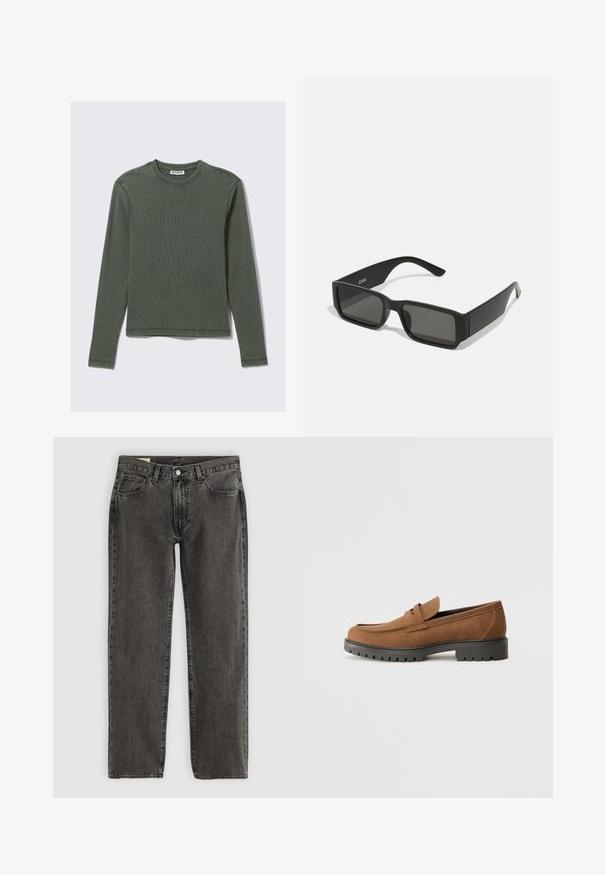 Tamsiai žalia ilgomis rankovėmis, raukšlėta viršūnė, su apvaliu iškirpimu ir tiesiu kraštu. Pagaminta iš minkštos medžiagos, su minimaliais siūlais ir be matomų raštų.; Juodi išblukę tiesūs džinsai su penkiomis kišenėmis, mygtuko užsegimu ir diržo kilpomis, išdėstyti ant baltos fono.; Rudos zomšos loafer'iai su apvaliu pirštu ir žemu juodu guminio pado, su dekoratyviniu dirželiu ir siuvinėjimo detalėmis ant viršaus.; Juodos saulės akinių su stačiakampiais lęšiais, matinio plastiko rėmas ir tiesios briaunos. Vidinėje rankovėje yra prekės ženklo logotipas.