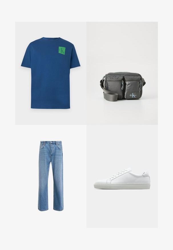 Modra bombažna majica s krožnim ovratnikom, kratkimi rokavi in zelenim kvadratnim logotipom, ki na zgornjem levem prsnem delu prikazuje zasnovo "cK".; Svetlo modre denim kavbojke s ravno nogavico, petimi žepi, z gumbom za zapiranje, minimalnim zbledelostjo in kontrastnimi šivi.; Bela športna obutev z gladkim usnjenim zgornjim delom in nizkim profilom. Ima zaokrožen nos, šest lukenj za vezalke in teksturiran gumijast podplat.; Siva najlon torbica preko ramena z dvema žepoma z zadrgo spredaj, nastavljivim trakom in logotipom. Gladka tekstura s sodobnim dizajnom.