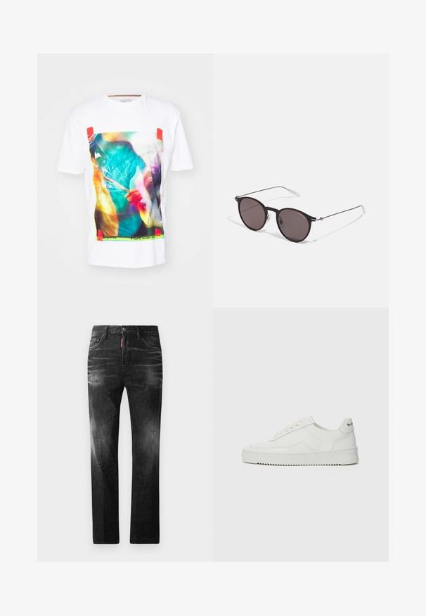 Paul Smith PHOTO - Print T-shirt - white; Black denim jeans with a straight fit. Features faded areas, minor distressing, classic five-pocket design, and a button closure.; White leather sneaker with a smooth finish, round toe, flat laces, and a textured sole. Features a subtle logo on the heel.; Black round sunglasses with dark lenses and slim metal arms. Includes clear temple tips and silver accents at the hinge. Minimalist design.