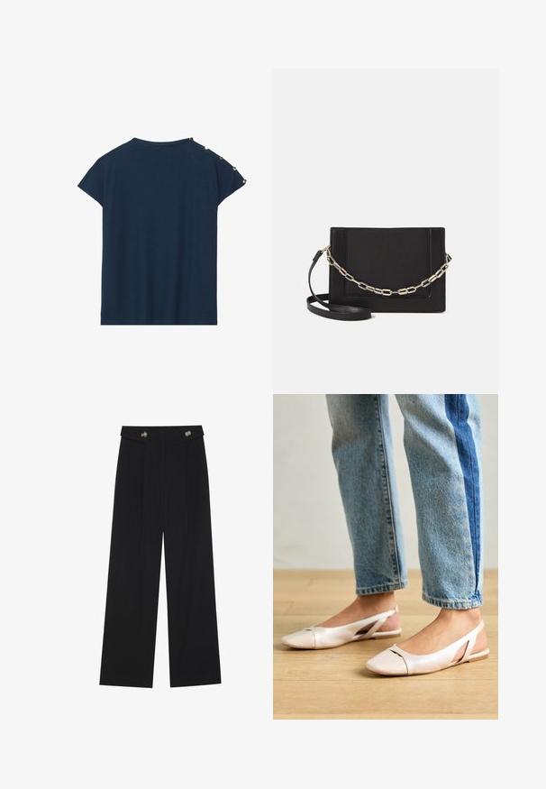 Tumesinine lühikeste varrukatega topp tekstuuriga viimistlusega ja dekoratiivsete ümmarguste metallaktsentidega õlgadel, millel on mugav lõige ja sirge ääreline.; Mustad laiad püksid kõrge vöökoha ja nööpdetailidega vööandil, esikortsudega.; Kahvatu roosa slingback lapikute jalatsite paar, millel on terav varvas, valmistatud siledast nahataolisest materjalist. Omab külgedel lõikekohti ja lapikut kontsa.; Mustast nahast õlakott, mis omab siledat tekstuuri, ristküliku kuju ning esiküljel metallketi detaili. Reguleeritav rihm on kaasas.