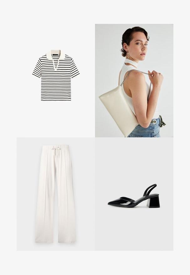 Gestreepte polo met korte mouwen en een geribbelde textuur. Kleuren: wit en zwart. Heeft een V-hals en een zachte, contrasterende kraag.; Lichtbeige sweatpants van zacht materiaal, met een trekkoord in de taille, wijde pijpen en verticale naden, met een gladde textuur.; Zwarte gepatineerde leren slingback hakken met een spitse neus en een geometrische blokhak. Kenmerkt zich door een slank, minimalistisch ontwerp en een gladde textuur.; Witte rechthoekige clutch tas gemaakt van glanzend materiaal, met een zilveren kettingband. Model poseert en toont de tas tegen een effen achtergrond.