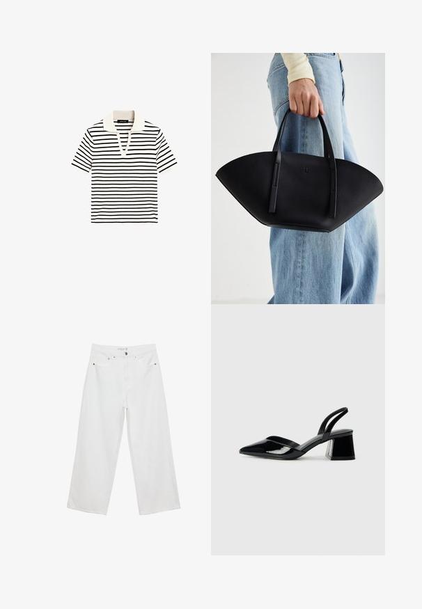 Gestreifte Kurzarm-Polohemd mit gerippter Textur. Farben: Weiß und Schwarz. Verfügt über einen V-Ausschnitt und einen weichen, kontrastierenden Kragen.; Weiße Jeans im weit geschnittenen Design aus Denim mit hoher Taille, ausgestattet mit fünf Taschen und Metallbeschlägen. Glatte Textur, keine sichtbaren Muster.; Schwarze Lackleder-Slingback-High Heels mit spitzem Schuh und einem geometrischen Blockabsatz. Verfügt über ein schlankes, minimalistisches Design und eine glatte Textur.; Schwarze Lederhandtasche mit einzigartiger Fächerform, ausgestattet mit flachen Griffen. Die Oberfläche hat eine genoppte Textur und ein minimalistisches Design.