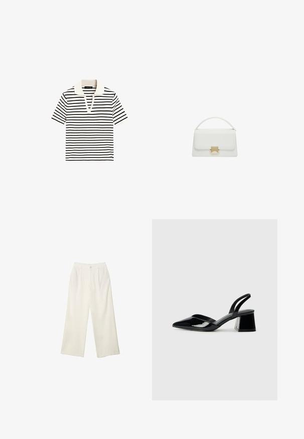 Stribet kortærmet polo skjorte med en ribbet tekstur. Farver: hvid og sort. Har en V-hals og en blød, kontrasterende krave.; Bredde bukser i cremefarvet stof med en glat tekstur, der har en enkelt knap foran, diskrete folder og design med høj talje.; Sorte patentlæder slingback hæle med spids tå og en geometrisk blok hæl. Har et elegant, minimalistisk design og en glat tekstur.; Hvid læderhåndtaske med en struktureret design, der har et håndtag på toppen og en guldfarvet spænde. Glat tekstur og minimalistische detaljer.