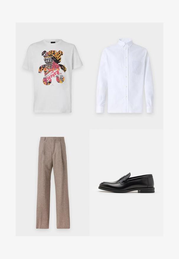 Balta kokvilnas T-kreklus ar lāča grafiku, kas piepildīta ar krāsainiem žurnālu izgriezumiem un tekstu, apaļa kakla izgriezums, īsas piedurknes.; Balts garo piedurknēm krekliņš ar pogām, izgatavots no kokvilnas, ar krūšu kabatu ar tonālu izšuvumu, apkakli un pogām pie piedurknēm.; Brūni, augstos šortos izgatavoti no teksturēta auduma. Iezīmē plašas kājas un divas priekšējās krokas, kas nodrošina struktūru. Kārtīga apdare bez redzamām detaļām.; Melnas ādas kurpes ar gludu tekstūru, noapaļu purngalu un dekoratīvu siksniņu pāri priekšpusei. Zems sakrauts papēdis, minimālisma dizains.