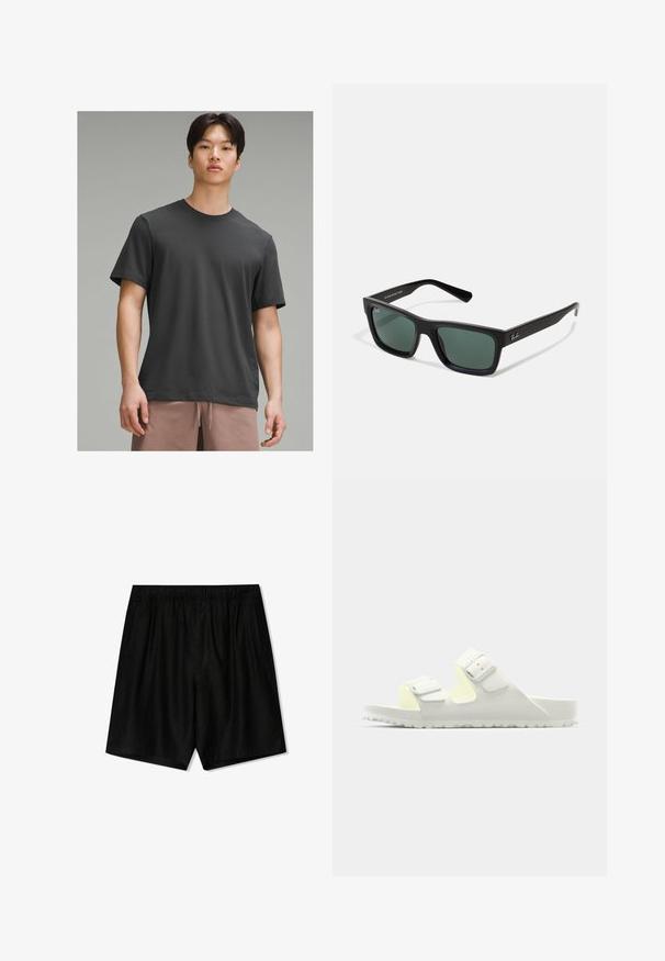 Sötét szürke, rövid ujjú póló, kerek nyakkivágással, puha anyagból készült. Lazán illeszkedő fazon és sima textúra jellemzi.; Fekete rövidnadrág rugalmas derékrésszel, két oldalzsebbel és laza fazonnal. Puha anyagból készült, sima tapintású.; Fehér csúsztatós szandál puha anyagból, két állítható pánttal és csattal, textúrált talppal és enyhén megemelt talppal.; Fekete téglalap alakú napszemüveg zöld lencsékkel, matt felülettel, egyenes szárakkal, és a Ray-Ban logóval az oldalon.