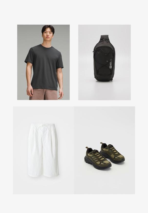 Donkergrijze t-shirt met korte mouwen en een ronde halslijn, gemaakt van zacht materiaal. Heeft een ontspannen pasvorm en een gladde textuur.; Witte shorts met een elastische tailleband en een trekkoord, gepresenteerd tegen een effen lichte achtergrond. Geschikt voor casual of warm weer.; Groene en zwarte sport-schoenen met een gestructureerde bovenkant, gaaspanelen, stevige zool en vetersluiting met versterkte neus en hiel.; Zwarte rugzak met een gestroomlijnd ontwerp, gemaakt van duurzaam stof. Bevat een ritsvak, elastische koordaccenten en logo-detail.