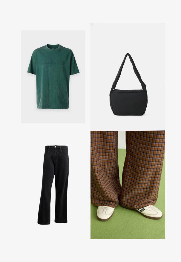 Tmavě zelené bavlněné tričko s kulatým výstřihem, krátkými rukávy a embosovaným logem "adidas" na hrudi ve stejném odstínu.; Černé džíny z denimu se střihem rovného nohavice, s předními kapsami, zapínáním na knoflík a mírnou texturou. Obsahují jemný detail s logem.; Hnědo-modré kostkované široké kalhoty doplněné bílými botami s černými akcenty a texturovanou podrážkou, umístěné na zeleném pozadí.; Černá ramenní taška s polstrovanou texturou, zaobleným tvarem a širokým popruhem, na jejíž přední straně je vyražené logo.