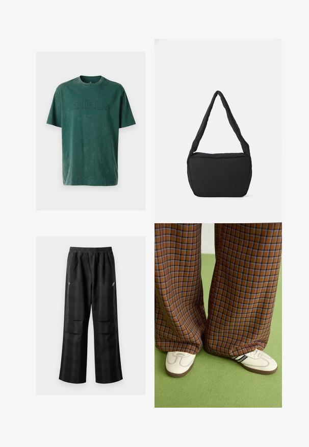 Tmavě zelené bavlněné tričko s kulatým výstřihem, krátkými rukávy a embosovaným logem "adidas" na hrudi ve stejném odstínu.; Černé kostkované kalhoty s elastickým pasem, dvěma předními kapsami a volným střihem se rovnými nohavicemi. Vyrobeny z lehkého materiálu.; Hnědo-modré kostkované široké kalhoty doplněné bílými botami s černými akcenty a texturovanou podrážkou, umístěné na zeleném pozadí.; Černá ramenní taška s polstrovanou texturou, zaobleným tvarem a širokým popruhem, na jejíž přední straně je vyražené logo.