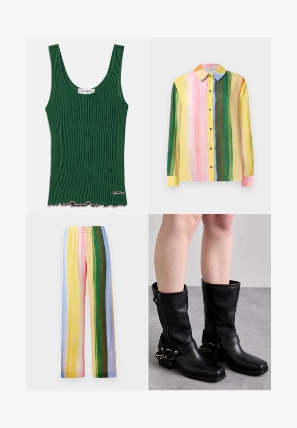 Green ribbed tank top with a rounded neckline, featuring a wavy pink hem and a small logo tag on the side. Made from a soft material.; Colorful long-sleeve blouse featuring vertical stripes in pink, yellow, green, and orange. Made of smooth fabric with a collared neck and button front.; Wide-leg pants with an elastic waistband, featuring vertical stripes in pastel colors: yellow, pink, green, blue, and light purple. Smooth texture.; Black leather knee-high boots with a square toe, side zipper, and adjustable strap featuring a metal chain accent. Matte finish and sturdy sole.