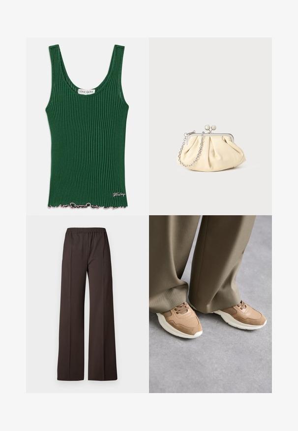 Green ribbed tank top with a rounded neckline, featuring a wavy pink hem and a small logo tag on the side. Made from a soft material.; Wide-leg trousers in dark brown fabric with an elastic waistband, featuring a smooth texture and clean lines for a tailored look.; Brown sports shoes featuring a mix of smooth leather and mesh materials, with a white rubber sole and subtle perforation details.; Pleated beige leather clutch with a silver metal frame, featuring two round decorative clasps and a silver chain strap.