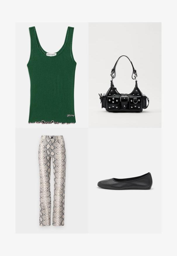 Zöld bordázott ujjatlan felső kerek nyakkivágással, hullámvonalú rózsaszín szegéllyel és egy kis logó címkével az oldalon. Puha anyagból készült.; Kígyómintás nadrág bézs és szürke színkombinációban. Egyenes szárú dizájn, textúrált felülettel és elülső zsebekkel. Gombos záródás jellemzi.; Fekete bőr balettcipő lekerekített orral, sima tekstúrával, minimális varrással és rugalmas talp kialakítással.; Fekete bőr kézitáska ívelt designnal, ezüst szegecsekkel, csattal és két oldalsó zsebbel. Állítható vállpánt a hordozási lehetőségekhez.