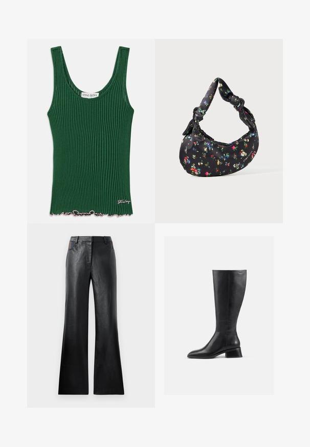 Green ribbed tank top with a rounded neckline, featuring a wavy pink hem and a small logo tag on the side. Made from a soft material.; Black leather flared pants with a smooth texture, featuring two front pockets with black and brown accents near the waist.; Knee-high black leather boot with a rounded toe and low, block heel. Features a smooth texture and minimal stitching detail.; Black crescent-shaped handbag with colorful floral print and knotted handles, featuring a small metallic logo on the bottom right side.