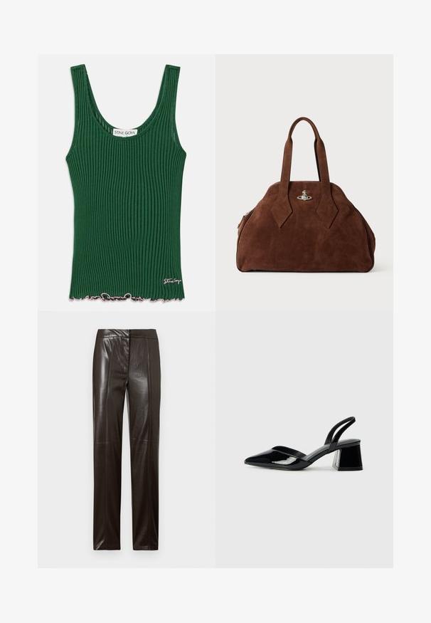 Roheline ribaga kampsun kerekaelusega, millel on kõver roosa äär ja väike logo silt küljes. Valmistatud pehmest materjalist.; Tumed pruun sirge säärega nahkpüksid, millel on sile pind ja peened õmblused ees.; Mustad musta lakknahk kingad, millel on terav varvas ja geomeetriline plokkkonts. Omab elegantselt minimalistlikku disaini ja sujuvat tekstuuri.; Pruun nahast käekott, millel on struktureeritud kuju, ümar keha ja piklikud rombikujulised käepidemed. Varustatud hõbedase riistvaraga lukuga.