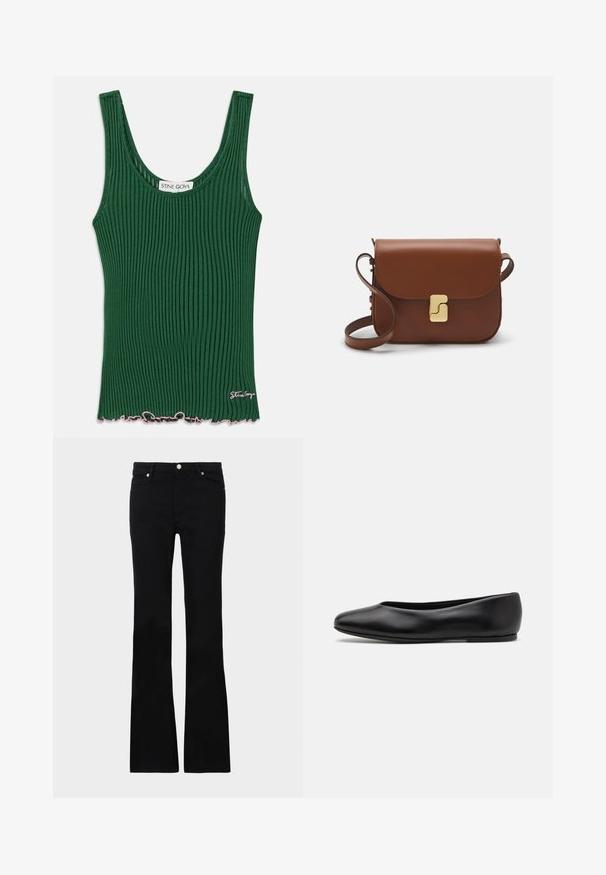 Zeleni rebrasti top bez rukava s okruglim izrezom, s valovitom ružičastom obodom i malom oznakom s strane. Izrađen od mekog materijala.; Crne široke traperice izrađene od denima, s dva prednja džepa, kopčanjem na dugme i glatkom teksturom. Potpisna šavova vidljiva na šavovima.; Paul Smith TOPANGA - Balerinke - black; Smeđa kožna torba s preklopom, zlatnim detaljima, remenom za nošenje preko ramena i glatkom teksturom. Kompaktni pravokutni oblik.