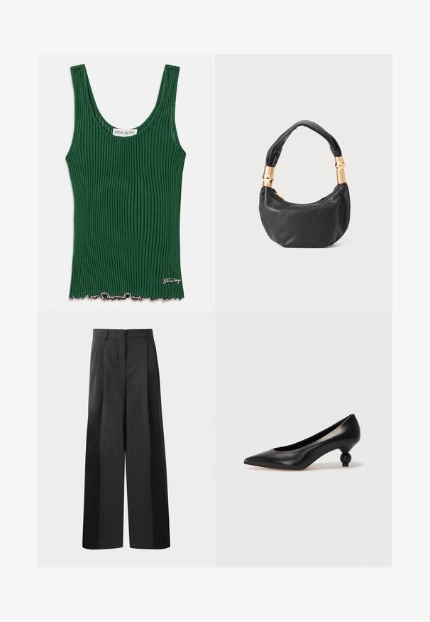 Green ribbed tank top with a rounded neckline, featuring a wavy pink hem and a small logo tag on the side. Made from a soft material.; Black wide-leg trousers with a high waist, featuring front pleats, a smooth texture, and a tailored finish. Designed for a relaxed fit.; Black leather high heel shoe with a pointed toe and a round, balled heel. Smooth texture with a sleek, minimal design.; Black leather handbag with a round shape, soft texture, and a knotted handle featuring gold-tone hardware accents. Zipper closure.