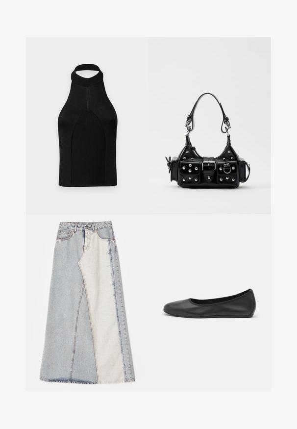 Čierny halter top s priliehavým strihom, vyrobený z rebrovanej pleteniny. Má vysoký golier a bezšvový dizajn s hladkou textúrou.; Džínová sukňa s patchworkovým dizajnom, obsahujúca svetlomodré a stredne modré časti, s roztrhnutými okrajmi a vysokým pásom. Klasický štýl s piatimi vreckami.; Čierne kožené baleríny s okrúhlou špičkou, hladkým povrchom, minimálnym prešívaním a flexibilným dizajnom podrážky.; Čierna kožená kabelka s zakriveným dizajnom, doplnená striebornými cvočkami, prackou a dvoma bočnými vreckami. Nastaviteľný popruh poskytuje rôzne možnosti nosenia.