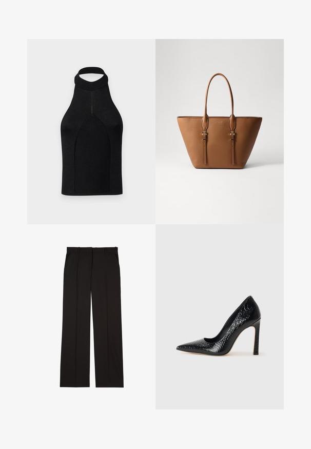 Melna halter top ar pieguļošu siluetu, izgatavota no ribota adījuma auduma. Ievērojams ar augsto kakla daļu un bezšuvju dizainu ar gludu tekstūru.; Melni gludā auduma pielāgoti bikses ar taisnu kāju piegriezumu un divām sānu kabatām. Eleganta un minimālistiska uzbūve.; Melni augstpapēžu apavi ar norādītu purngalu, ar krokodila ādas tekstūru, izceļoties ar elegantu dizainu, augstu stiletto papēdi un gludu melnu interjeru.; Brazs ādas rokassoma ar teksturētu virsmu, konusveida formu, divām izturīgām rokturiem un dekoratīvām zelta tonī apdarēm.