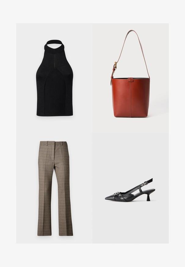 Fekete pánt nélküli top, testhez simuló sziluettel, bordázott kötött anyagból készült. Magas nyakkivágással és varrás nélküli dizájnnal rendelkezik, sima tapintással.; Barna kockás nadrág egyenes szabással, texturált anyaggal, és a mintázatban lágy bézs és sötétebb barna árnyalatokkal.; Fekete bőr slingback cipő hegyes orral, dekoratív pántokkal, fém szemekkel és alacsony blokk sarkú. Texturált felület.; Barna bőr vödör táska állítható vállpánttal és aranyszínű csattal, egyszerű függőleges varrással az elején.