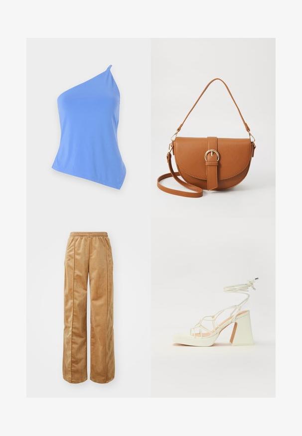 Top asimetric albastru, realizat dintr-un material neted, cu un singur bretele și un croi ajustat. Prezintă o margine curată și detalii minime.; Pantaloni largi de culoare bej, realizati dintr-un material moale si catifelat. Dispun de un tiv elastic și cusături verticale pe față pentru un detaliu adăugat.; Sandale albe cu toc înalt și gros, cu un design cu curele și legătură la gleznă. Textură netedă, cu o platformă frontală pentru înălțime suplimentară.; Geantă din piele maro, tip crossbody, cu o formă curbată, accesorii aurii și un accent cu cataramă. Dispune de un curea de umăr detașabilă.