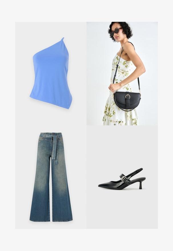 Asymmetrische blauwe top van een gladde stof met één schouderband en een aansluitend ontwerp. Heeft een schone zoomlijn en minimale afwerking.; Wijduitlopende denim broek met een lichte naar donkere blauwe gradient, hoge taille, riemlussen en een bijpassende stoffen riem. Gestructureerde denimafwerking.; Zwarte gepatineerde leren slingback hakken met een puntige neus en een kleine blokhak, met een zilveren gespaccent op de band.; Zwarte leren handtas met een gebogen vorm, afneembare schouderband en gouden hardware. De tas heeft een klep met een gespsluiting.