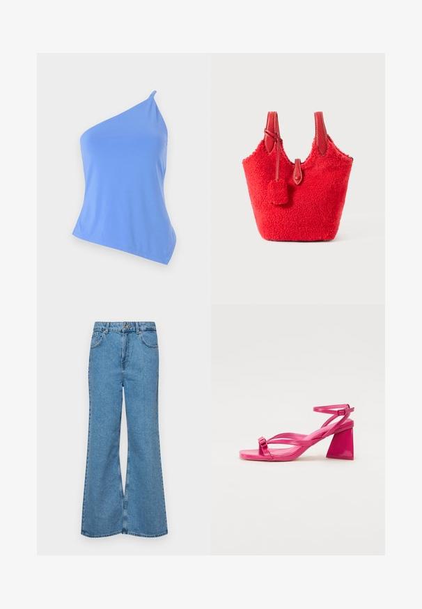Aszimmetrikus, sima anyagból készült kék top, egyetlen vállpánttal és testhezálló kialakítással. Tiszta alsó vonallal és minimális részletezéssel rendelkezik.; Világoskék, trapézszárú farmernadrág, magas derékkal, öt zsebbel és egy gombos záródással. Puha tapintású, magasított effektusú anyag.; Rózsaszín lakkbőr magassarkú szandál négyzet alakú orral, keskeny pántokkal és geometrikus tömbsarkakkal. Az pánton csat részlet található.; Vörös táska, texturált anyagból, plüss, bolyhos külsővel. Két rövid füllel és levehető pom-pom díszítéssel rendelkezik.