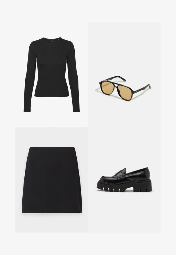 Zwart langetermijn shirt van ribstof. Het heeft een ronde halslijn en een aansluitend ontwerp zonder zichtbare patronen of accenten.; Zwarte mini rok, rechte snit, gladde stofstructuur, geen zichtbare patronen of versieringen, schone randen, geen metalen onderdelen. Eenvoudig ontwerp.; Zwarte leren loafers met een chunky, gestructureerde platformzool en een decoratieve strap over de bovenkant. Gladde, glanzende afwerking.; Zwarte zonnebril met bruin getinte lenzen; rechthoekige vorm met een dikke rand, inclusief subtiele hardware accenten op de veertjes.; Bruine geweven clutchesac met een gestructureerde afwerking, gouden hardware en decoratieve studs langs de randen. Voorzien van een kettingriem.