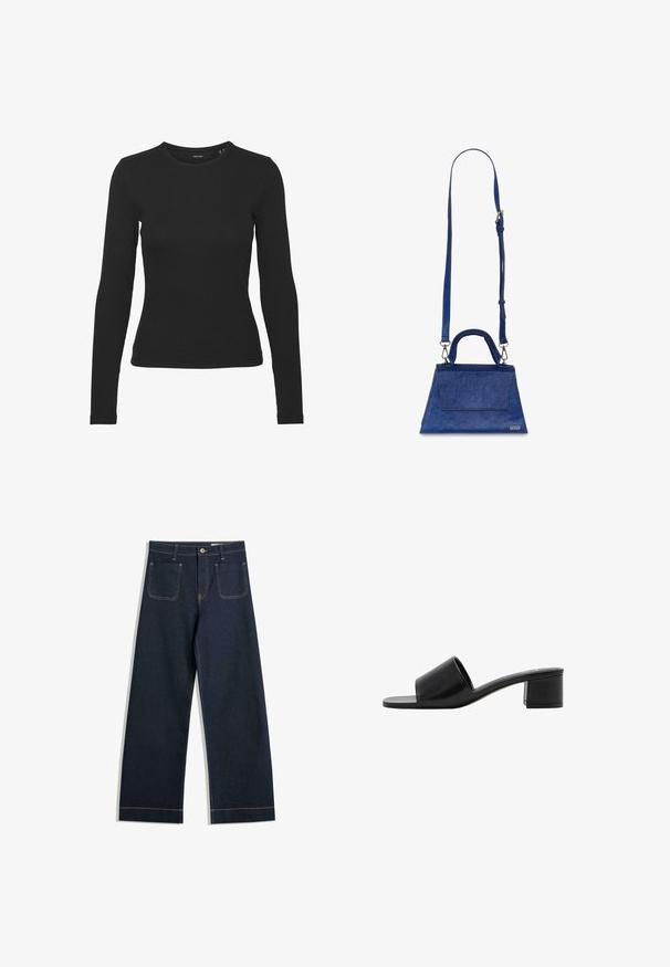 Black long-sleeve shirt made of ribbed fabric. It features a round neckline and fitted design without visible patterns or accents.; Dark blue wide-leg jeans made of denim with contrasting tan stitching, two back pockets, and a button closure at the waist.; Black leather open-toe slide sandal with a wide strap and a solid block heel. Features a smooth texture and minimal design.; Blue faux leather handbag with a triangular shape, top handle, and adjustable shoulder strap. Features a smooth texture and front flap detail.