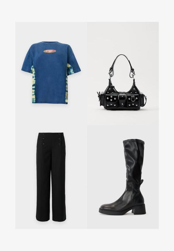 Tricou scurt cu mânecă, de culoare albastru tie-dye, având guler rotund și un logo oval galben-portocaliu care conține textul "STIEG" pe față.; Pantaloni negri cu croială largă, realizați dintr-un material neted, cu talie înaltă și cinci nasturi în față pentru închidere. Design elegant, croi ajustat.; Cizme negre până la genunchi, din piele netedă, cu toc pătrat, vârf rotunjit și detalii cusute pe cusături.; Geantă de piele neagră cu un design curbat, dotată cu studuri argintii, o cataramă și două buzunare laterale. Curea ajustabilă pentru opțiuni de transport.
