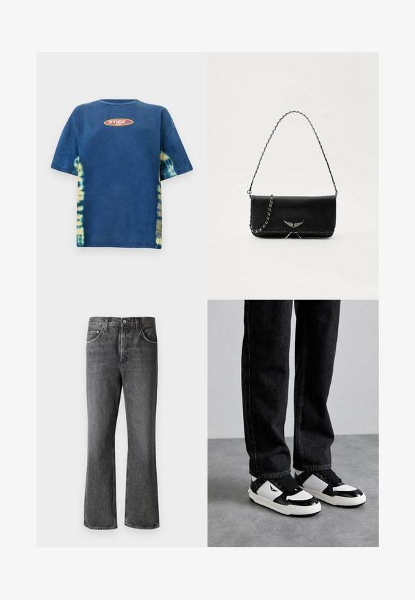 Sininen sidottu t-paita lyhyillä hihoilla, jossa on pyöreä kaula-aukko ja keltainen-oranssi soikea logo, jossa lukee "STIEG" edessä.; Tummanharmaat farkut, joissa on suora lahje, viisi taskua ja metalliset yksityiskohdat vyötäröllä ja taskuissa.; Mustat farkut yhdistetty valkoisiin ja mustiin lenkkareihin, joissa on tekstuuripinta, näkyvät nauhat ja logo-yksityiskohta sivussa.; Musta nahkalaukku, jossa on hopeaketjuolkaimet, koristelu siipiyksityiskohdilla ja valkoisella ommellulla sauman alareunassa.