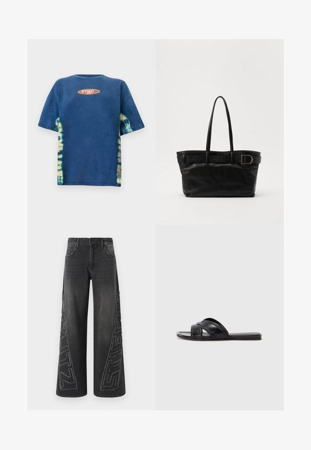 Sinine tie-dye t-särk lühikeste varrukatega, ümmarguse kaelusega, millel on kollakasoranž ovalne logo, millel on ees tekst "STIEG".; Mustad mustad teksad laia jalaga, mille külgedel on kulumise tõttu frayed äsja tikitud graafika ja traditsiooniline viie taskuga disain.; Mustad mustad sandaalid, millel on siledast nahast viimistlus, risti asetatud rihmad ja väljalõiked ning lame, paindlik tald.; Must mustræbt kott, millel on kaks pikka käepidet, sile tekstuur ja lai rihm, millel on ülaosas pandla detail.