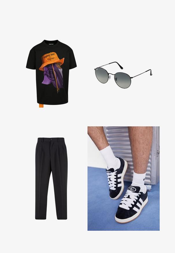 Mustarine T-särk, millel on kujutis inimesest, kes kannab oranži ämbri mütsi ja lillat maski. T-särgil on oranžad nöörid ja logo aktsendid.; Mustad püksid, millel on voltidega eesmine disain, valmistatud siledast kangast. Omab nup closure ja vöökinnitusauke; sirge jalgade lõige.; Mustad nahkjalatsid valgete paelte ja kolme valge triibuga. Omab ümmargust musta logo keele peal ning kummist tallat.; Mustad musta metalliga päikeseprillid, millel on ümmargused gradient-prillid, õhukesed templeid ja selged nina padjad mugavaks kasutamiseks.