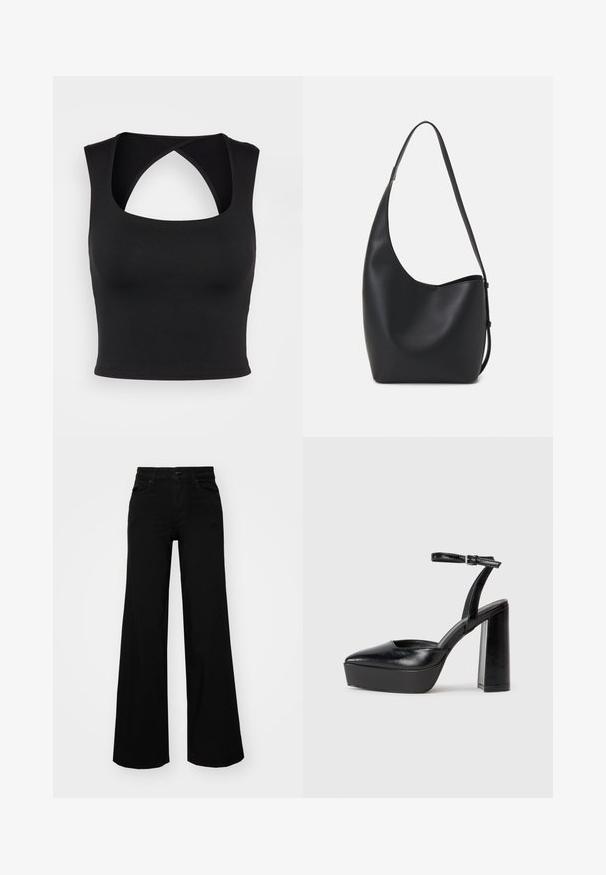 Črn kratki top z kvadratnim izrezom in križnim hrbtom. Narejen je iz gladkega materiala z oprijetim krojem, kar poudarja eleganten videz.; Črne široke denim hlače s strukturiranim pasom, z zankami za pas in sprednjimi žepi. Gladka tekstura s klasičnim dizajnom.; Črne platforme z visokimi petami in koničastim nosom ter nastavljivim gležnjenjskim trakom. Narejene iz gladke usnje, s kockasto peto.; Črna usnjena hobo torba z gladko teksturo, ukrivljeno obliko in eno nastavljivo naramnico; ima širok odprtina na vrhu.